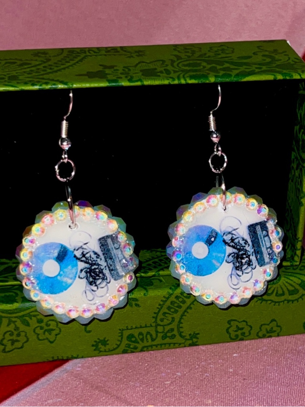 Holographic Blue Disc Music-Themed Dangle Earrings